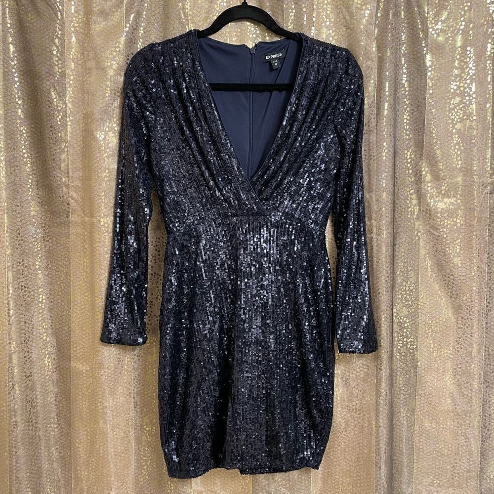 Express‎ Navy Blue Long Sleeve Sequin Surplice Style Mini Dress, XS